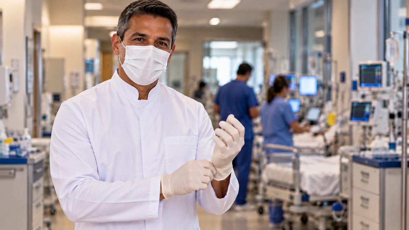 Profissional de saúde de jaleco branco, máscara e luvas em corredor hospitalar