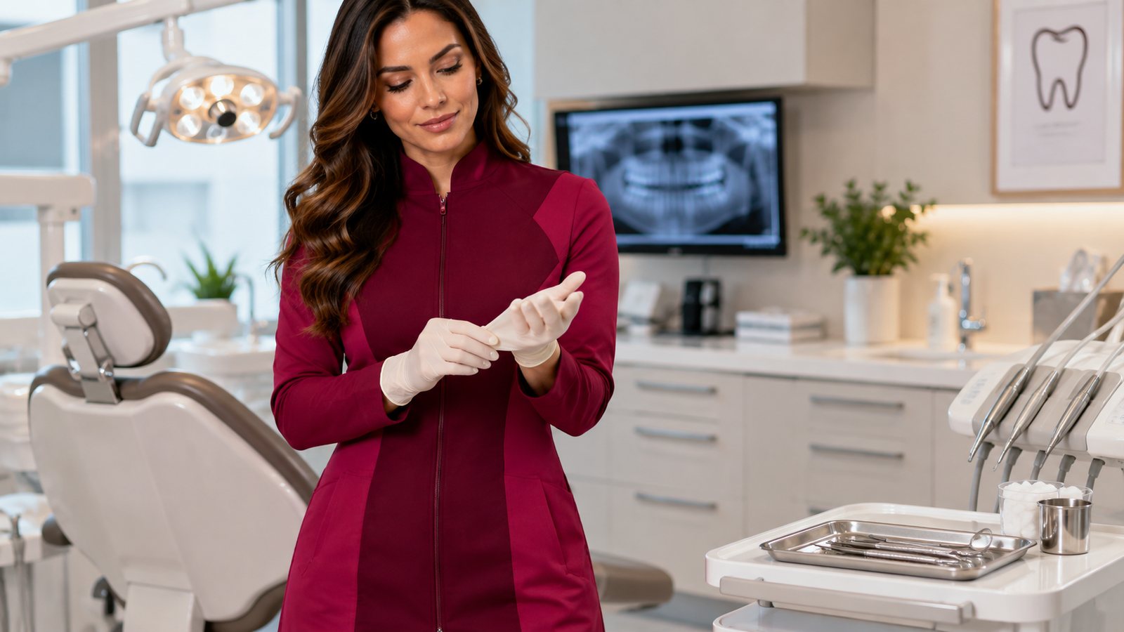 Dentista vestindo jaleco branco de manga curta em consultório odontológico