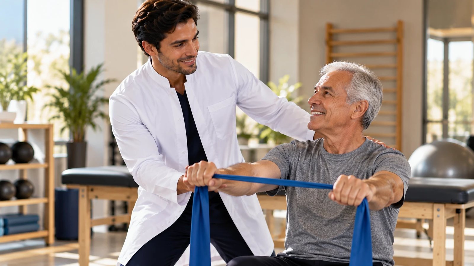 Fisioterapeuta de jaleco branco atendendo paciente em clínica de fisioterapia