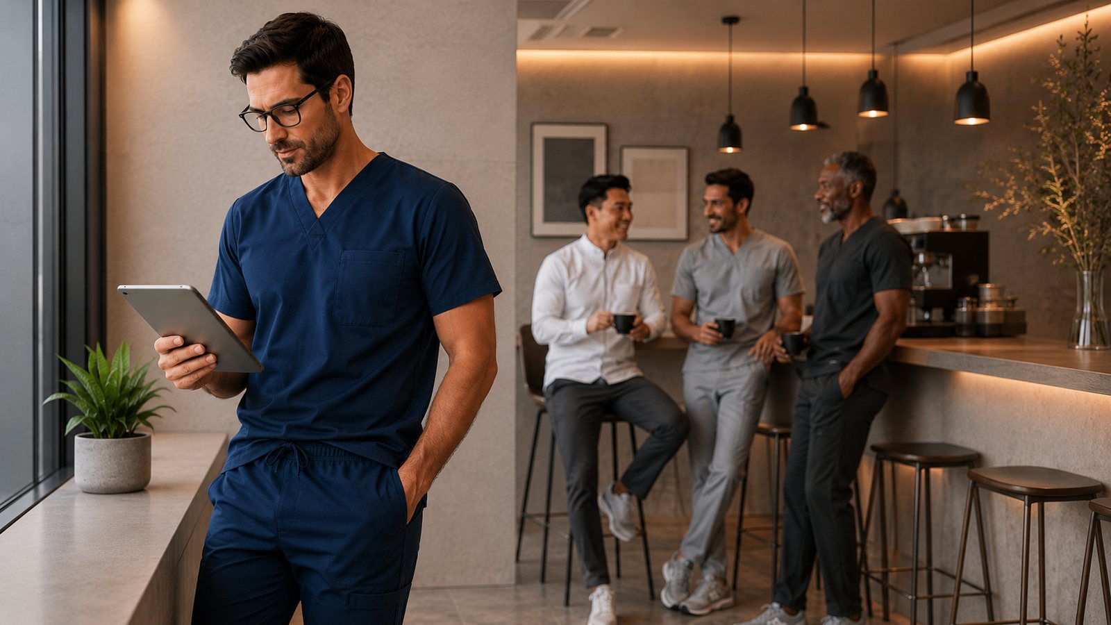 Profissional de saúde vestindo scrub masculino azul-marinho, com colegas ao fundo
